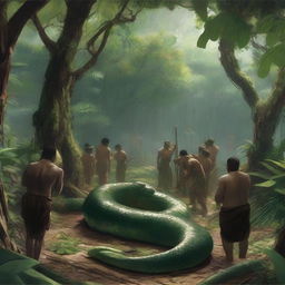 A dramatic scene depicting the burial of a giant anaconda in a lush, dense jungle