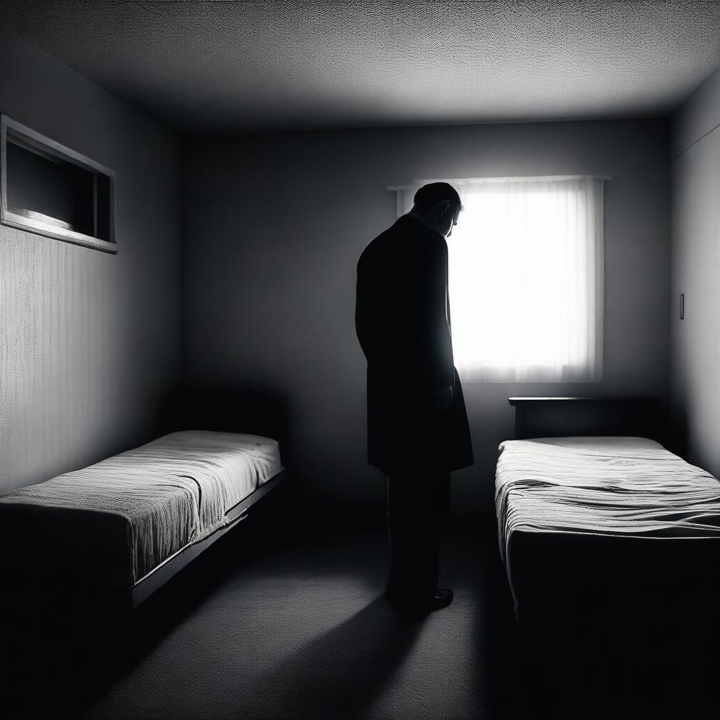 A dramatic scene titled 'El Entierro en Motel' depicting a mysterious and somber burial inside a dimly lit motel room