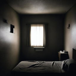 A dramatic scene titled 'El Entierro en Motel' depicting a mysterious and somber burial inside a dimly lit motel room