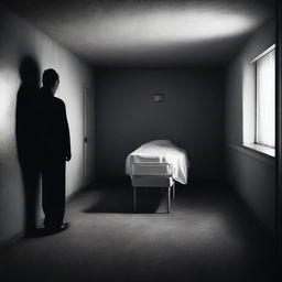 A dramatic scene titled 'El Entierro en Motel' depicting a mysterious and somber burial inside a dimly lit motel room