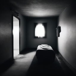 A dramatic scene titled 'El Entierro en Motel' depicting a mysterious and somber burial inside a dimly lit motel room