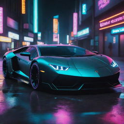 A Lamborghini car in a cyberpunk style, featuring neon lights, high tech components, futuristic modifications and a dystopian inspired aesthetic.