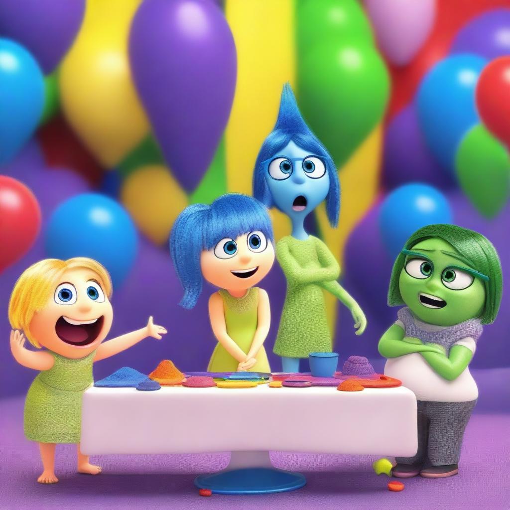 A vibrant and colorful scene inspired by the movie Inside Out, featuring the main emotions Joy, Sadness, Anger, Fear, and Disgust in a whimsical and imaginative setting