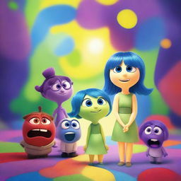 A vibrant and colorful scene inspired by the movie Inside Out, featuring the main emotions Joy, Sadness, Anger, Fear, and Disgust in a whimsical and imaginative setting