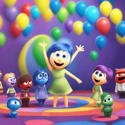 A vibrant and colorful scene inspired by the movie Inside Out, featuring the main emotions Joy, Sadness, Anger, Fear, and Disgust in a whimsical and imaginative setting