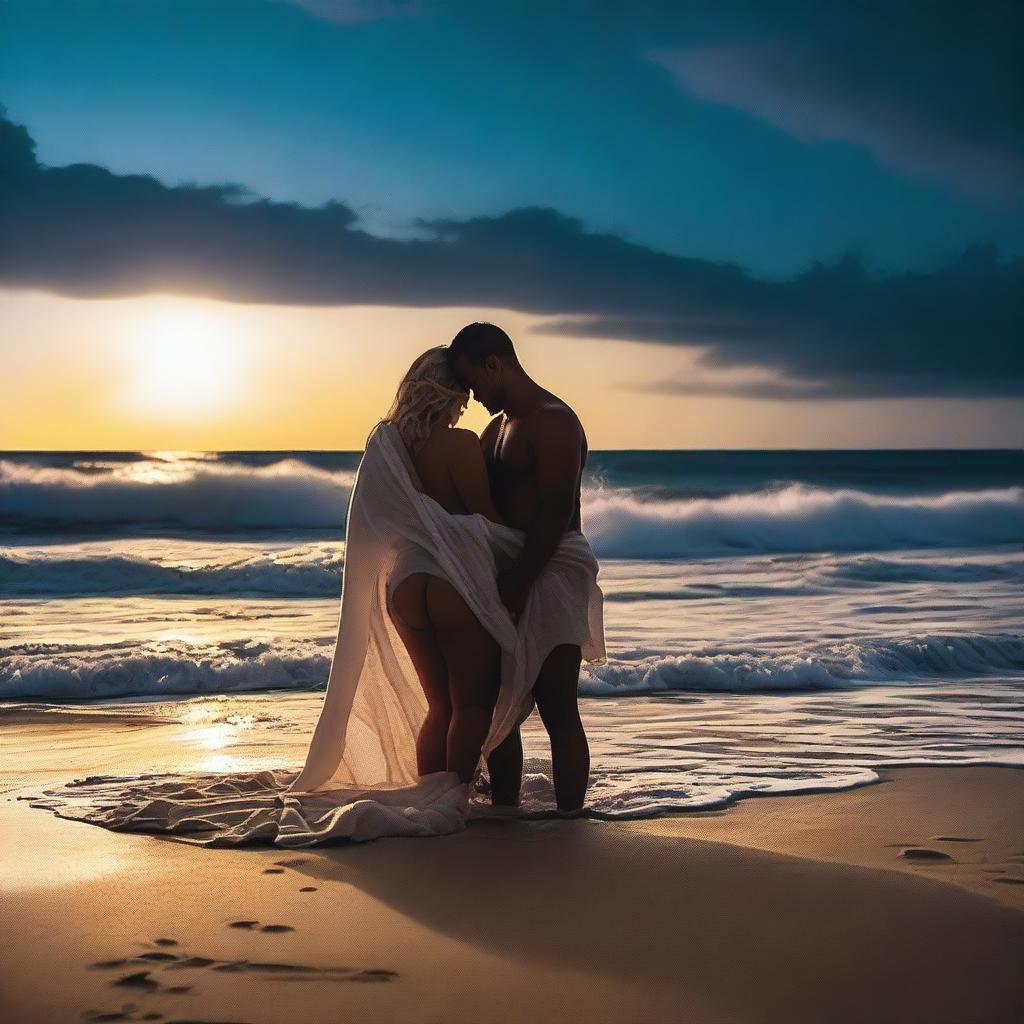 A romantic and intimate scene on the beach featuring a woman in a thong and a man under a blanket