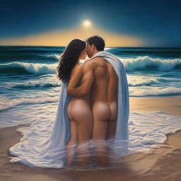 A romantic and intimate scene on the beach featuring a woman in a thong and a man under a blanket