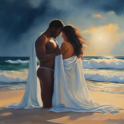 A romantic and intimate scene on the beach featuring a woman in a thong and a man under a blanket