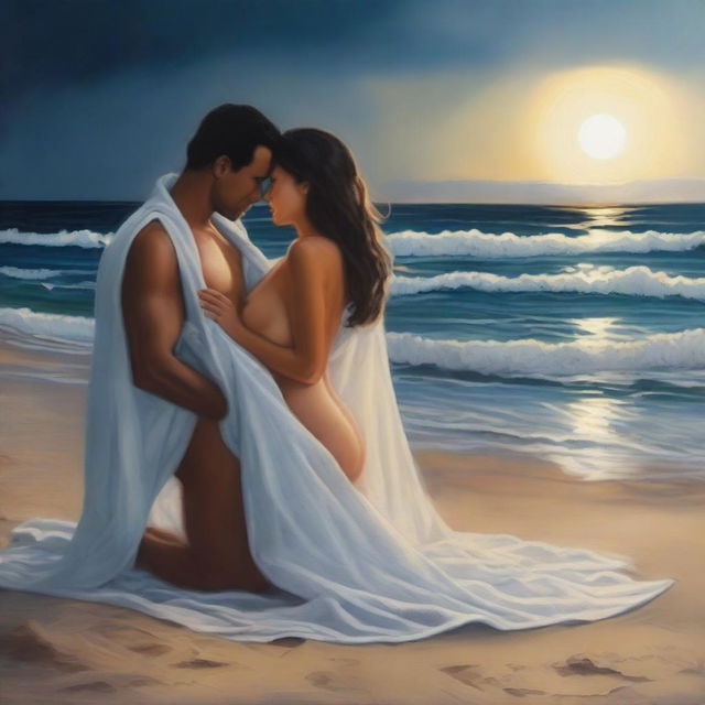 A romantic and intimate scene on the beach featuring a woman in a thong and a man under a blanket