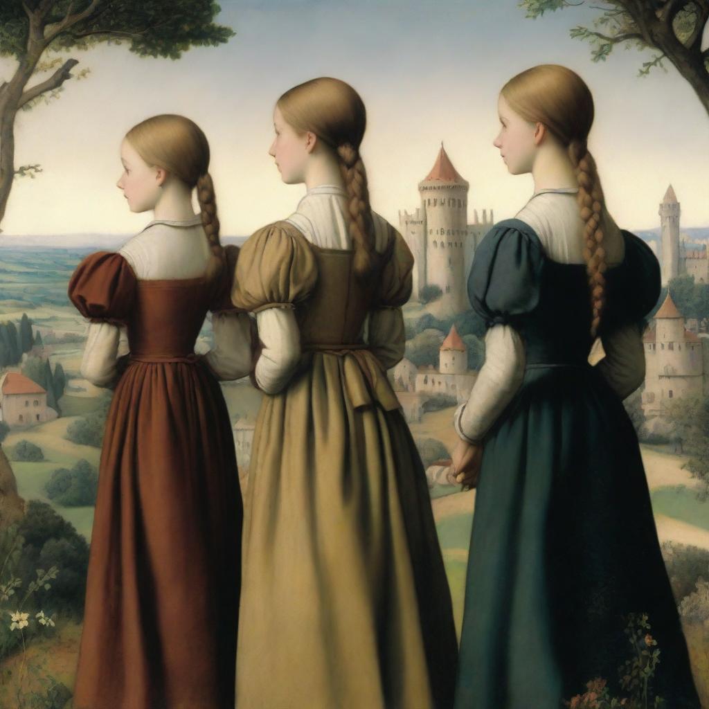 A 15th-century scene featuring three young girls looking towards the horizon