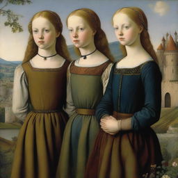 A 15th-century scene featuring three young girls looking towards the horizon