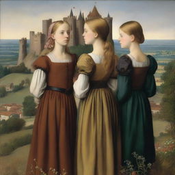 A 15th-century scene featuring three young girls looking towards the horizon