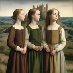 A 15th-century scene featuring three young girls looking towards the horizon