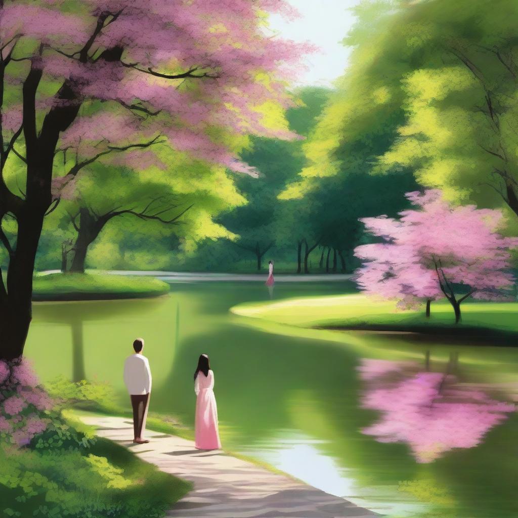 A serene and picturesque scene of two people meeting and parting ways in a beautiful park