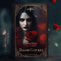 A mesmerizing book cover featuring a red rose and a mysterious girl in a vampiric setting