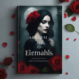 A mesmerizing book cover featuring a red rose and a mysterious girl in a vampiric setting