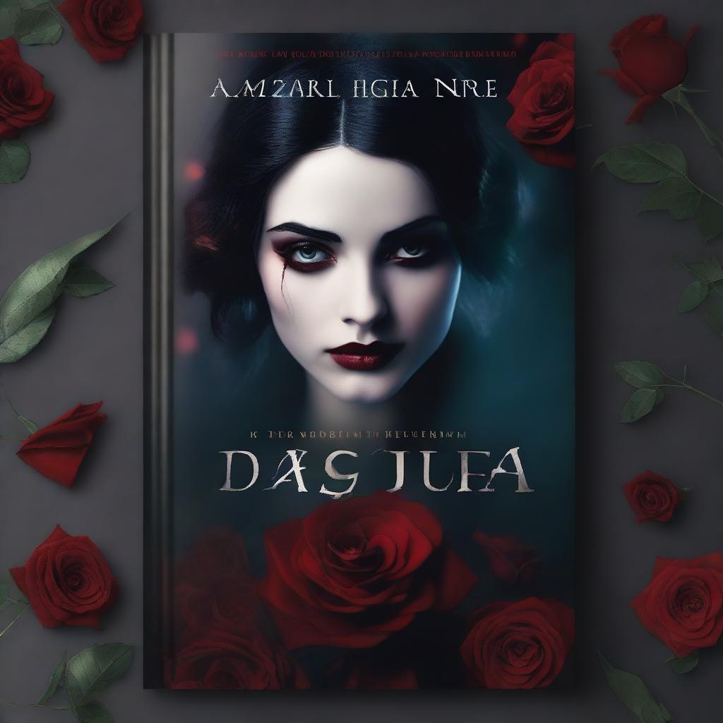 A mesmerizing book cover featuring a red rose and a mysterious girl in a vampiric setting