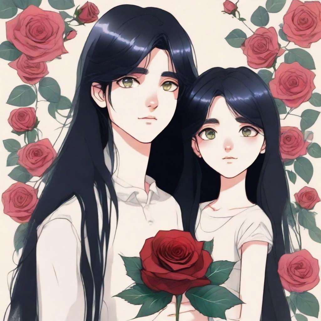 A detailed illustration of a teenage girl with long black hair and heterochromia, holding a rose