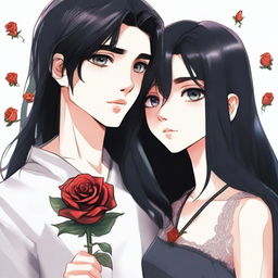 A detailed illustration of a teenage girl with long black hair and heterochromia, holding a rose