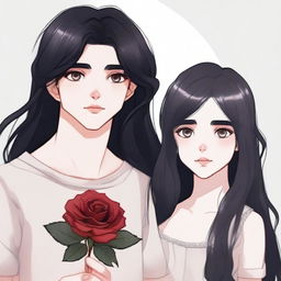 A detailed illustration of a teenage girl with long black hair and heterochromia, holding a rose