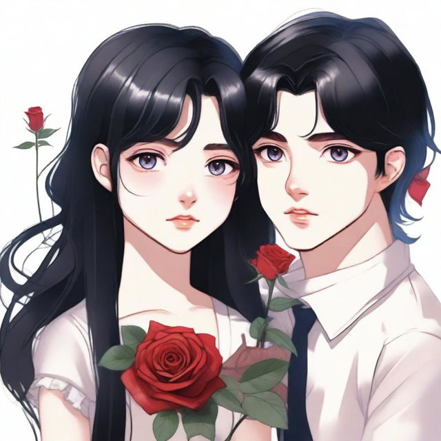 A detailed illustration of a teenage girl with long black hair and heterochromia, holding a rose