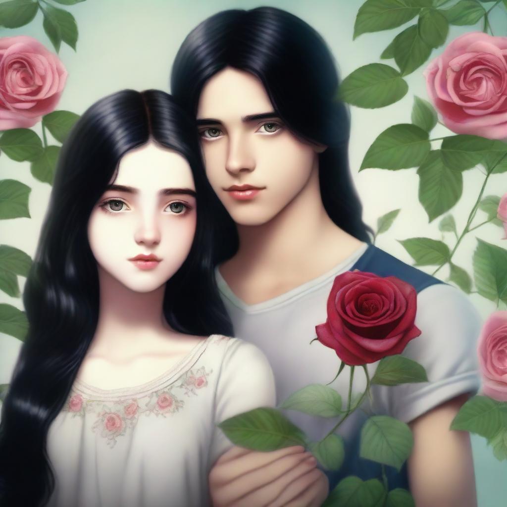 A realistic photograph featuring a teenage girl with long black hair and heterochromia, holding a rose