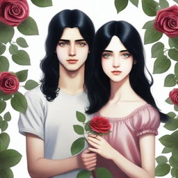 A realistic photograph featuring a teenage girl with long black hair and heterochromia, holding a rose