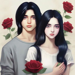 A realistic photograph featuring a teenage girl with long black hair and heterochromia, holding a rose