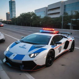 Lamborghini cars transformed into a high-speed police vehicles, with flashing blue and red lights, police decals and modified for high speed pursuits.