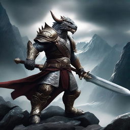 A fierce dragonborn warrior wielding a massive greatsword and wearing intricate armor