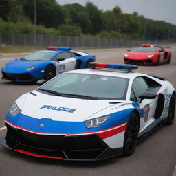 Lamborghini cars transformed into a high-speed police vehicles, with flashing blue and red lights, police decals and modified for high speed pursuits.