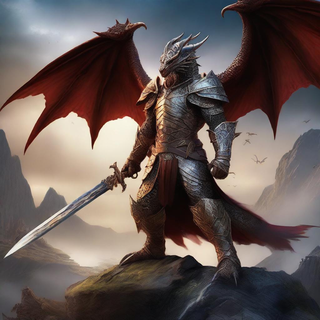 A fierce draconic warrior wielding a massive two-handed sword and wearing ornate, battle-worn armor