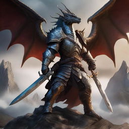 A fierce draconic warrior wielding a massive two-handed sword and wearing ornate, battle-worn armor