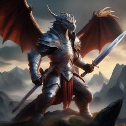 A fierce draconic warrior wielding a massive two-handed sword and wearing ornate, battle-worn armor