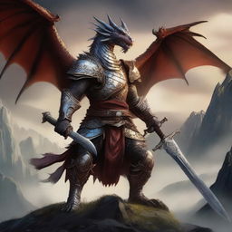 A fierce draconic warrior wielding a massive two-handed sword and wearing ornate, battle-worn armor