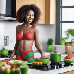 An African woman wearing sexy red and green lingerie, cooking in a modern kitchen