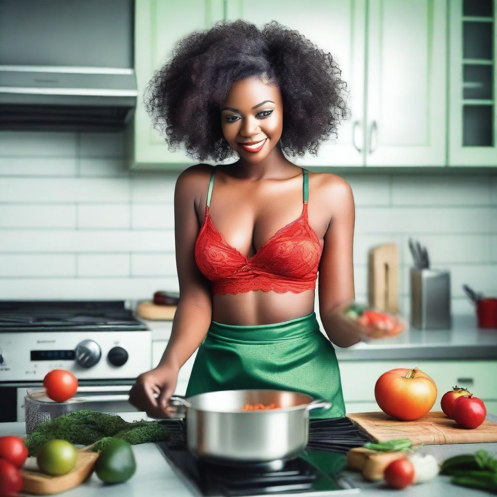 An African woman wearing sexy red and green lingerie, cooking in a modern kitchen