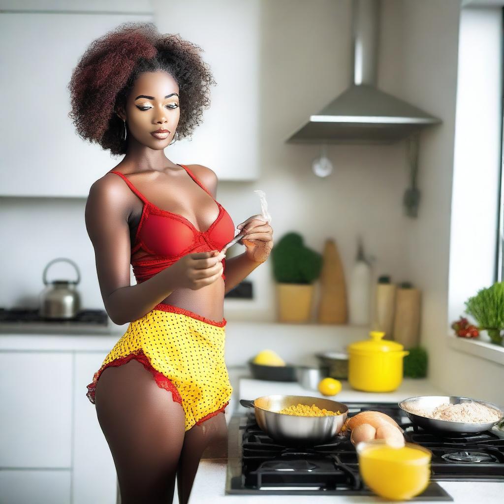 A beautiful African woman in red and yellow sexy lingerie posing in the kitchen while cooking