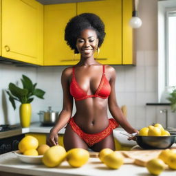 A beautiful African woman in red and yellow sexy lingerie posing in the kitchen while cooking