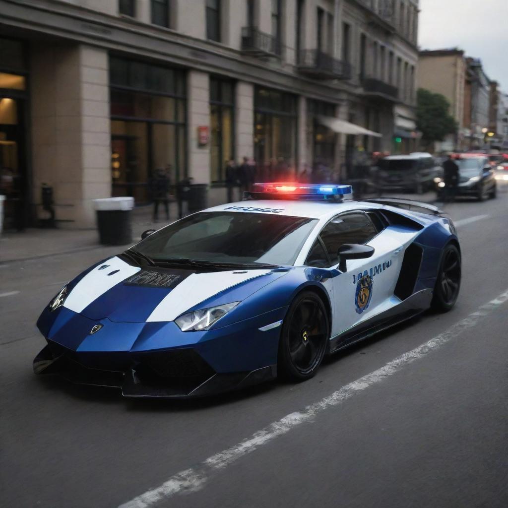 Lamborghini cars transformed into a high-speed police vehicles, with flashing blue and red lights, police decals and modified for high speed pursuits.