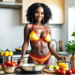 A beautiful African woman in red and yellow sexy lingerie posing in the kitchen while cooking