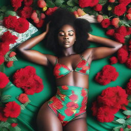 An African woman in sexy red and green lingerie posing while lying on a boat over a bed of flowers