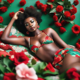 An African woman in sexy red and green lingerie posing while lying on a boat over a bed of flowers