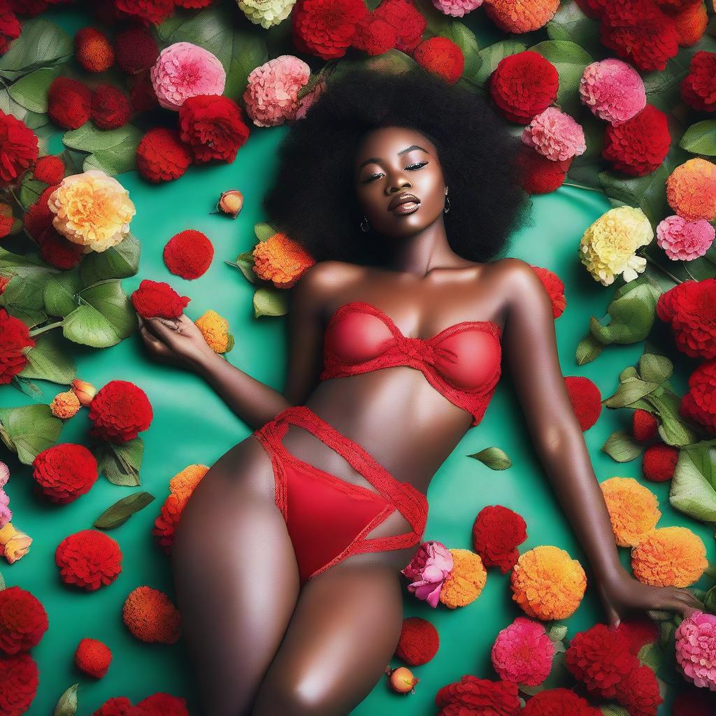 An African woman in sexy red and green lingerie posing while lying on a boat over a bed of flowers