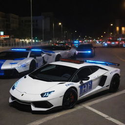 Lamborghini cars transformed into a high-speed police vehicles, with flashing blue and red lights, police decals and modified for high speed pursuits.