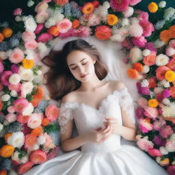 A girl in a white wedding dress lying down in a boat on a bed of flowers