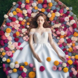 A girl in a white wedding dress lying down in a boat on a bed of flowers