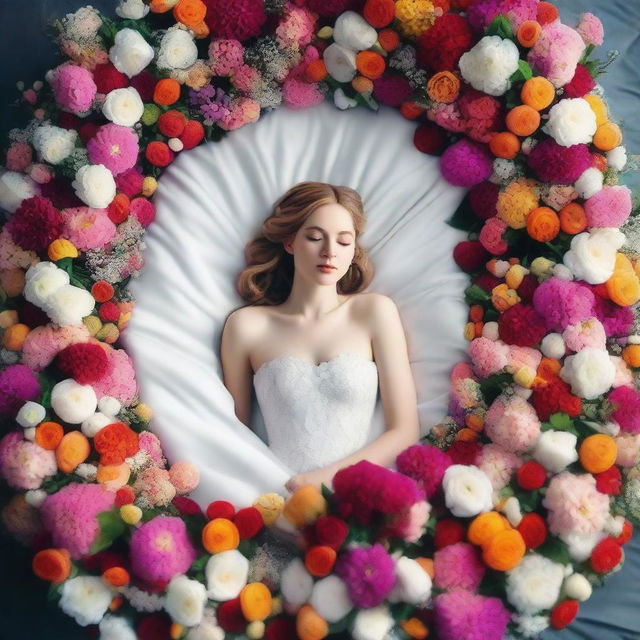 A girl in a white wedding dress lying down in a boat on a bed of flowers