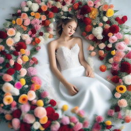 A girl in a white wedding dress lying down in a boat on a bed of flowers