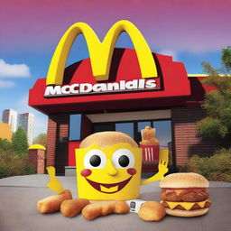 Create a movie poster starring a McDonalds happy meal, a McDonalds McChicken, and McNuggets sitting in front of a McDonalds building